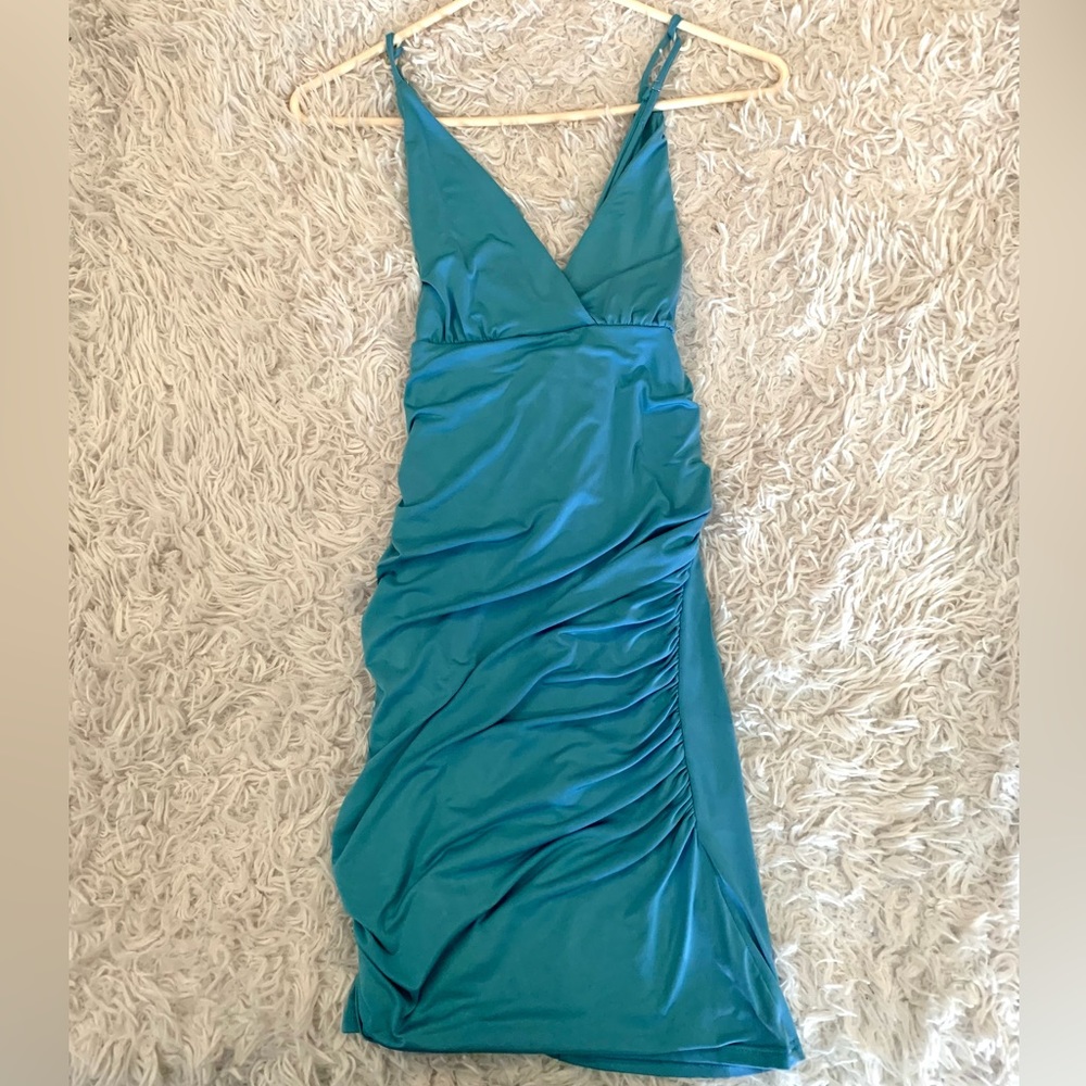LUCY IN THE SKY Daphne Blue Deep V mini dress